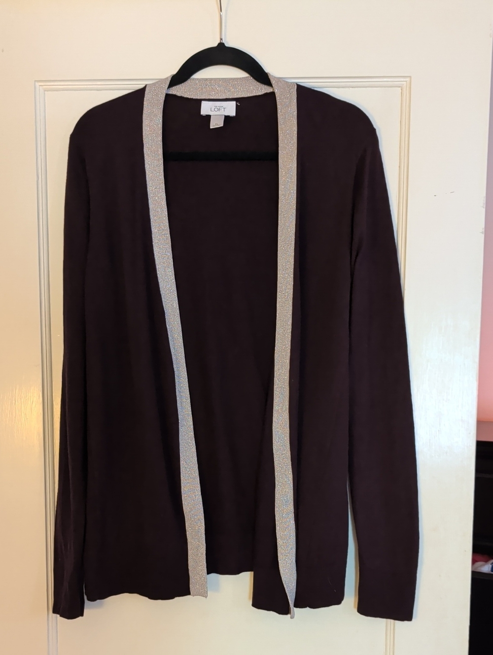 LOFT Plum Open Front Cardigan with Silver Sparkle Trim, Sz XL